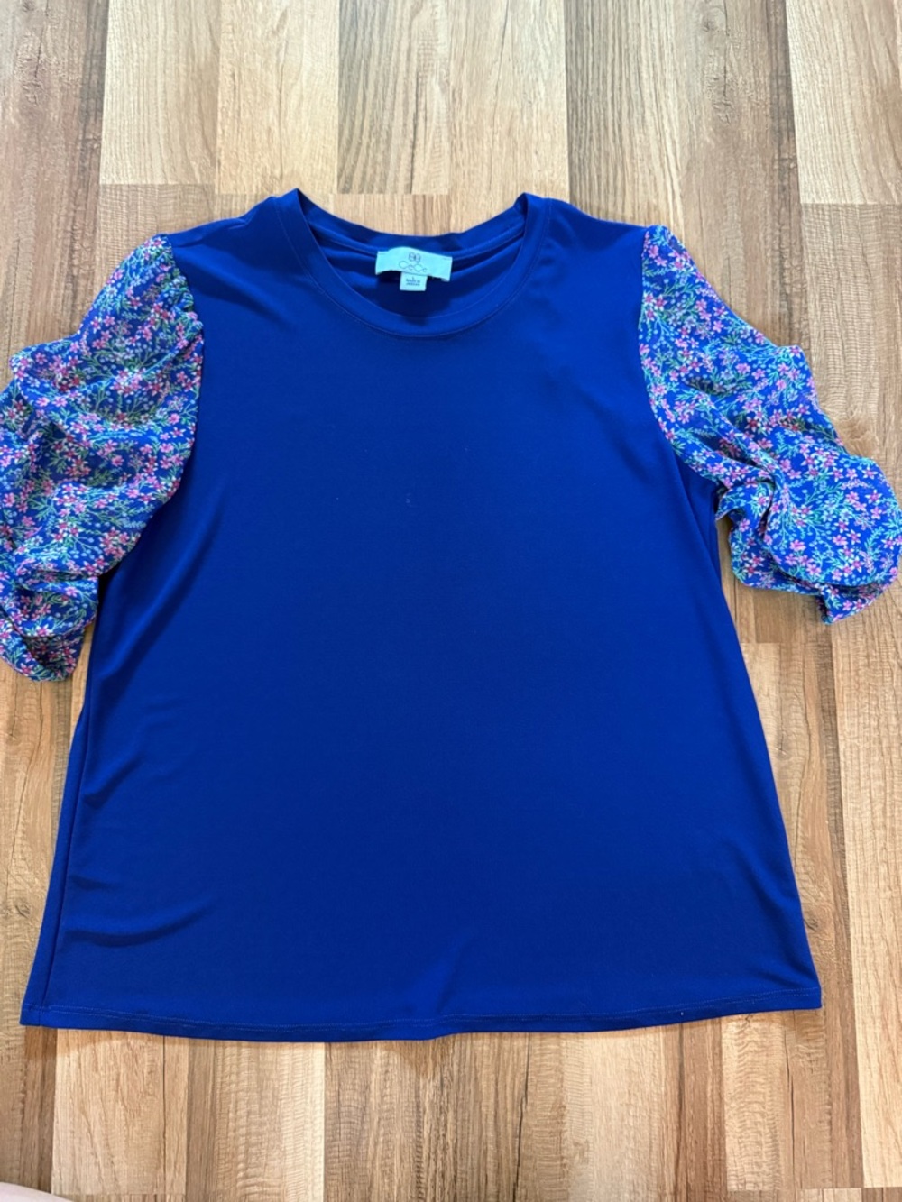 CeCe Royal Blue Tee with Floral Puff Sleeves